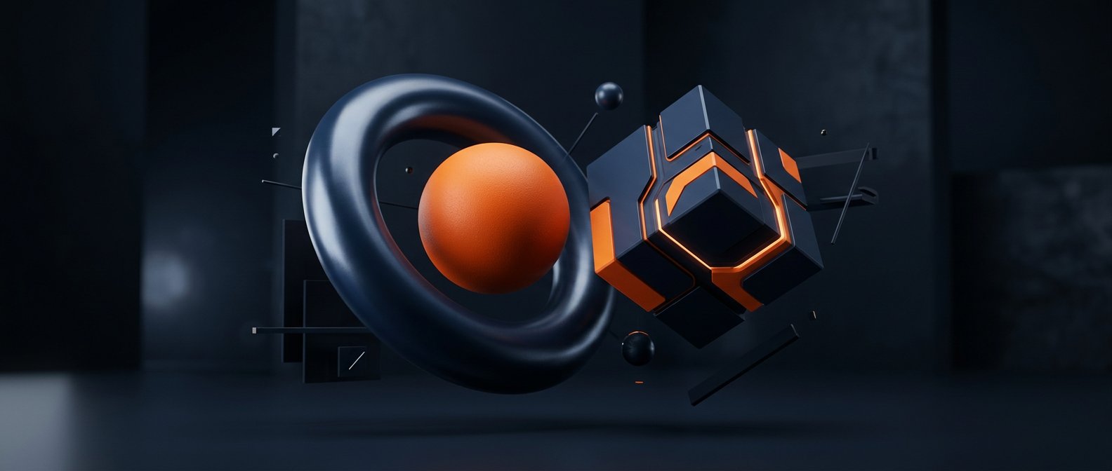 Abstract 3D composition representing the craft of the OM Software Solutions studio